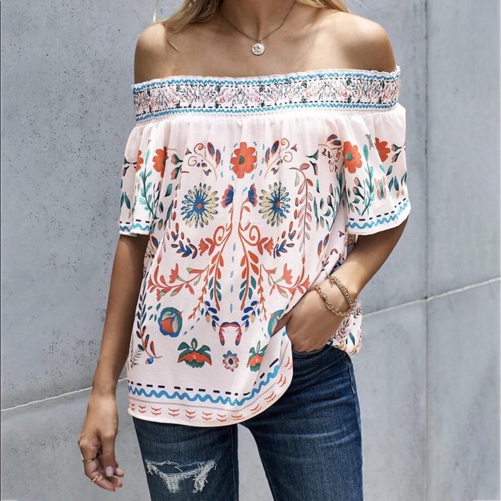 Bohemian White Floral Print Off Shoulder Oversized Top - Picture 2 of 5